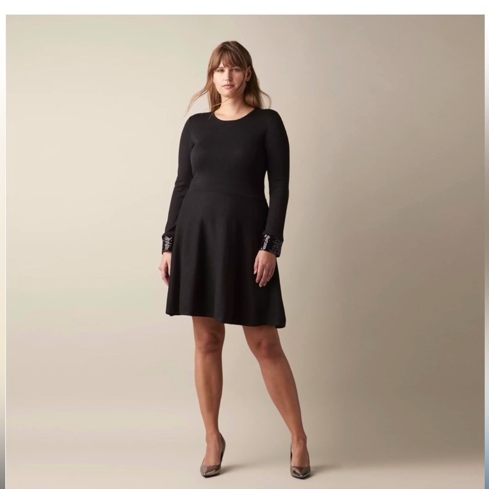 - JW Jason Wu Ribbed Black Skater Sweater Dress w/ Sequin Cuffs